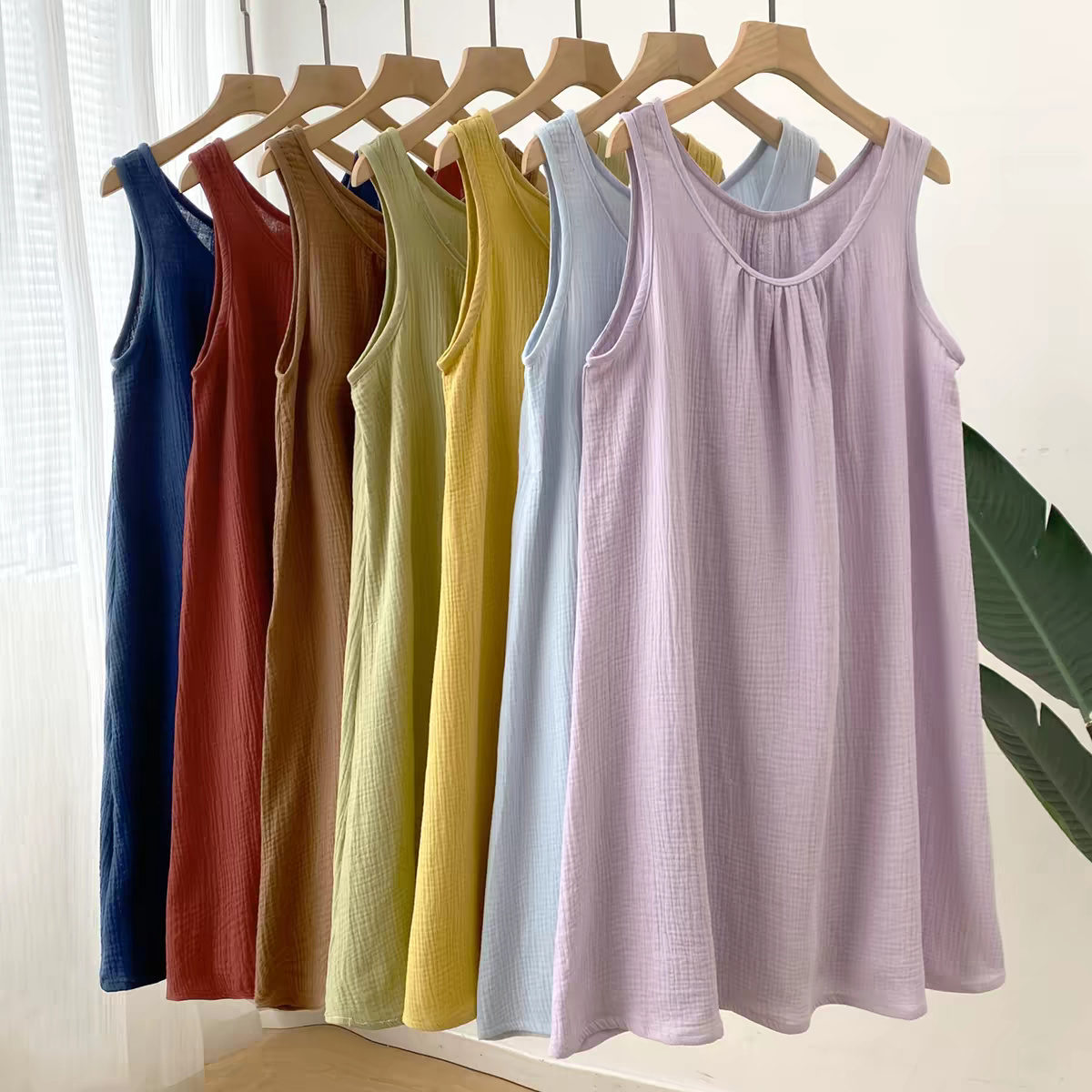 Midi Dress - 夏のカジュアルな女性用ノースリーブタンクトップドレス、100％コットンガーゼ、シックなミディ丈ローブ、ポケット付き、エレガントでシックな婦人服2026