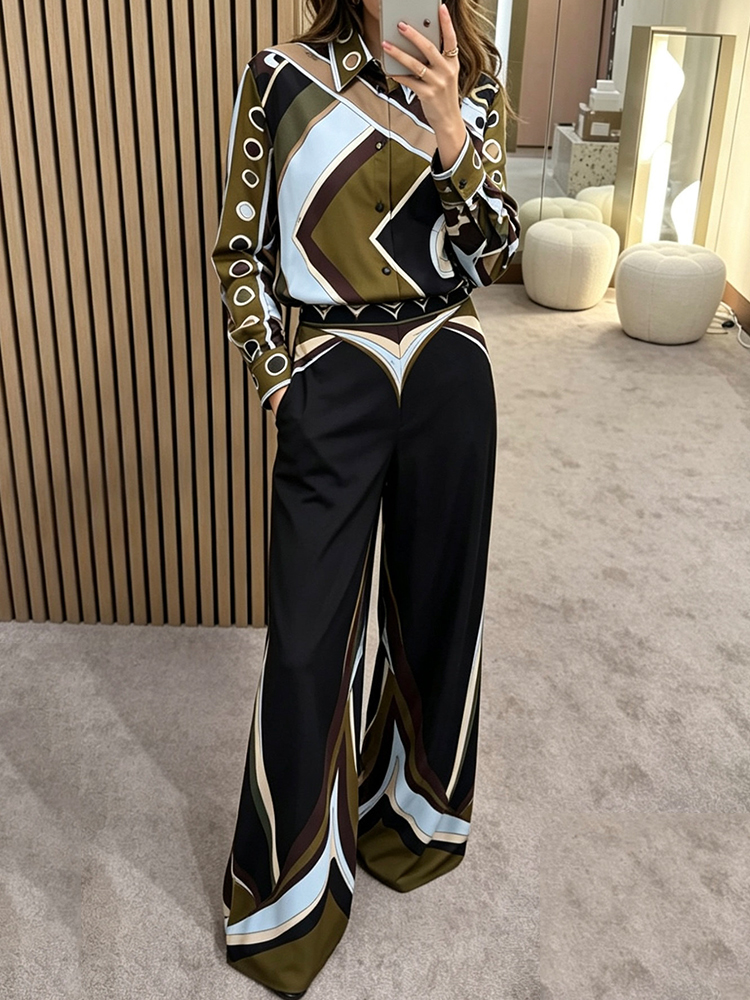 Silk Blouse - レトロ幾何学模様プリントシルクシャツツーピースセット2026秋レディース服+ルーズワイドレッグパンツファッションセット