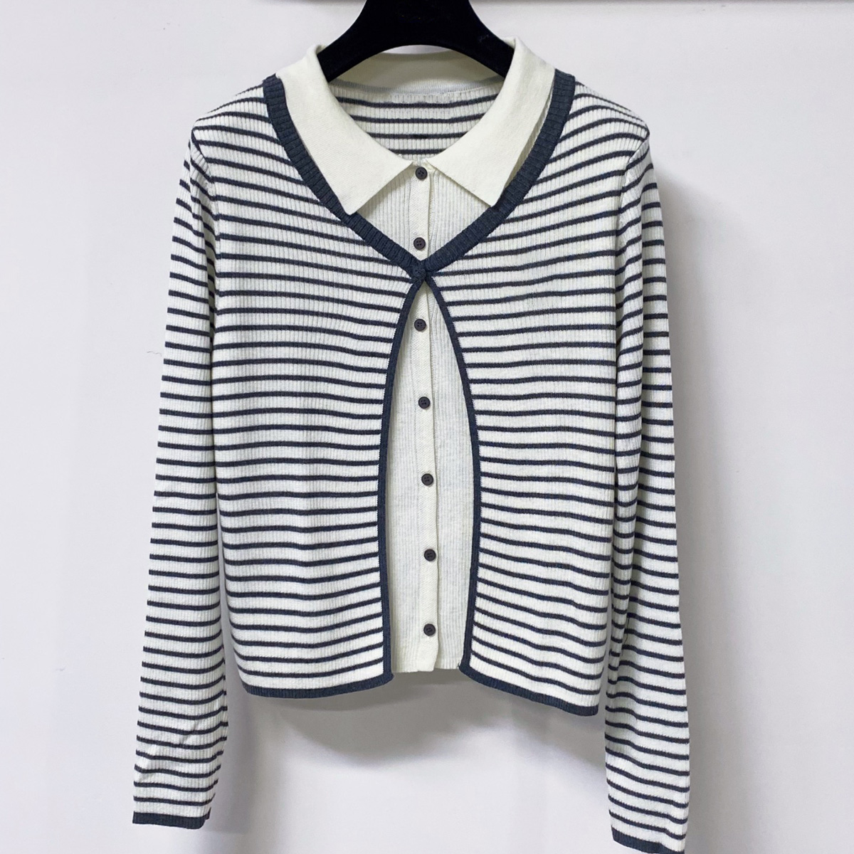 Silk Blouse - 高品質の女性ポロ襟ストライプニット長袖トップフェイクツーピースカジュアルニットブラウス lyt26723102