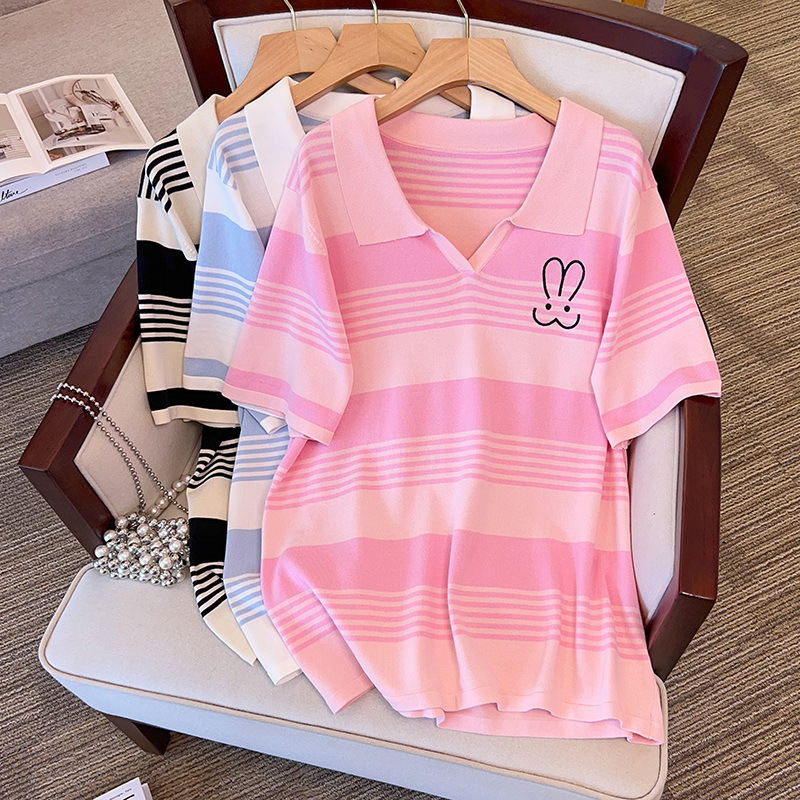 Silk Blouse - 女性用ルーズアイスシルクニットストライプトップ、半袖ラペルTシャツ、プラスサイズ、バスト160、5xl、6xl、7xl、8xl、9xl、10xl、170kg、夏