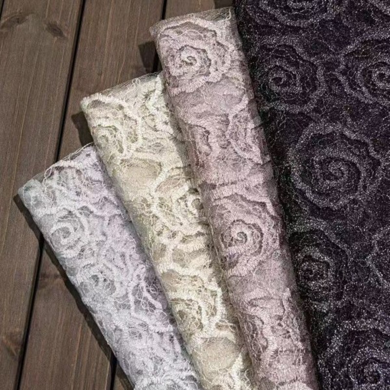 Lace Dress - 刺繍入りチュールレーストリム生地、丸縫いローズ柄、高級中国風、柔らかく透け感のあるドレープ生地、ドレスやガウンのDIY縫製用