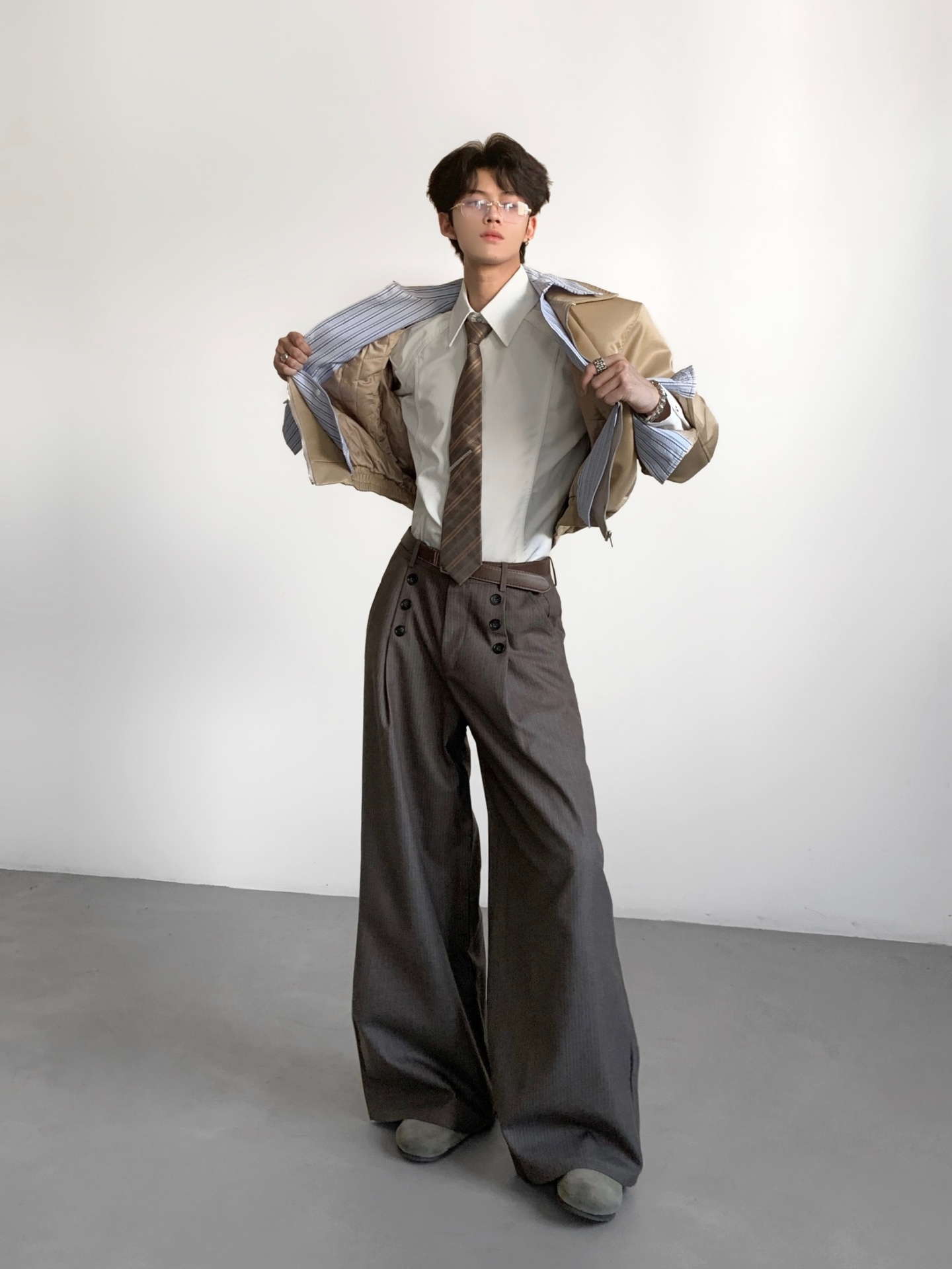 Tailored Trouser Wide - エーステーラーズ メンズカジュアルストライプスーツパンツ ルーズワイドレッグAラインドレープコットンブレンド ファッションアーバンスタイルサマートラウザーズ