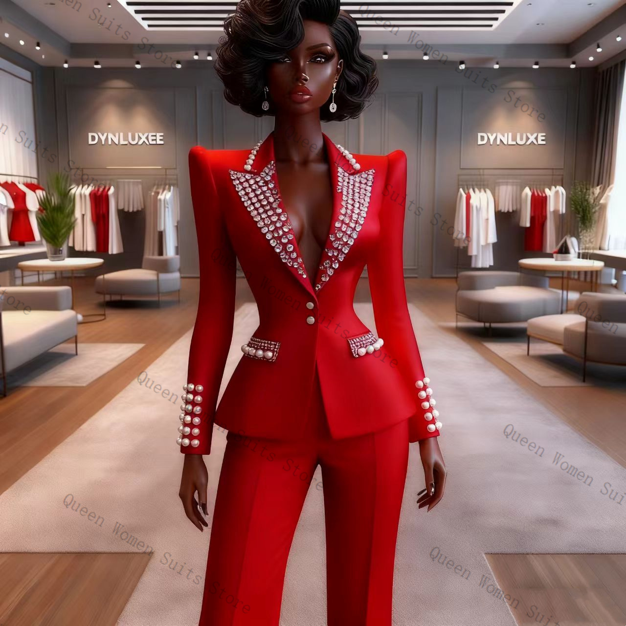 Women'S Red Formal Wear - 真珠レッド女性スーツパンツセット 2 個ブレザー + ズボンウエディングコットンフォーマルオフィスレディジャケットコットンウェディングコートカスタマイズ