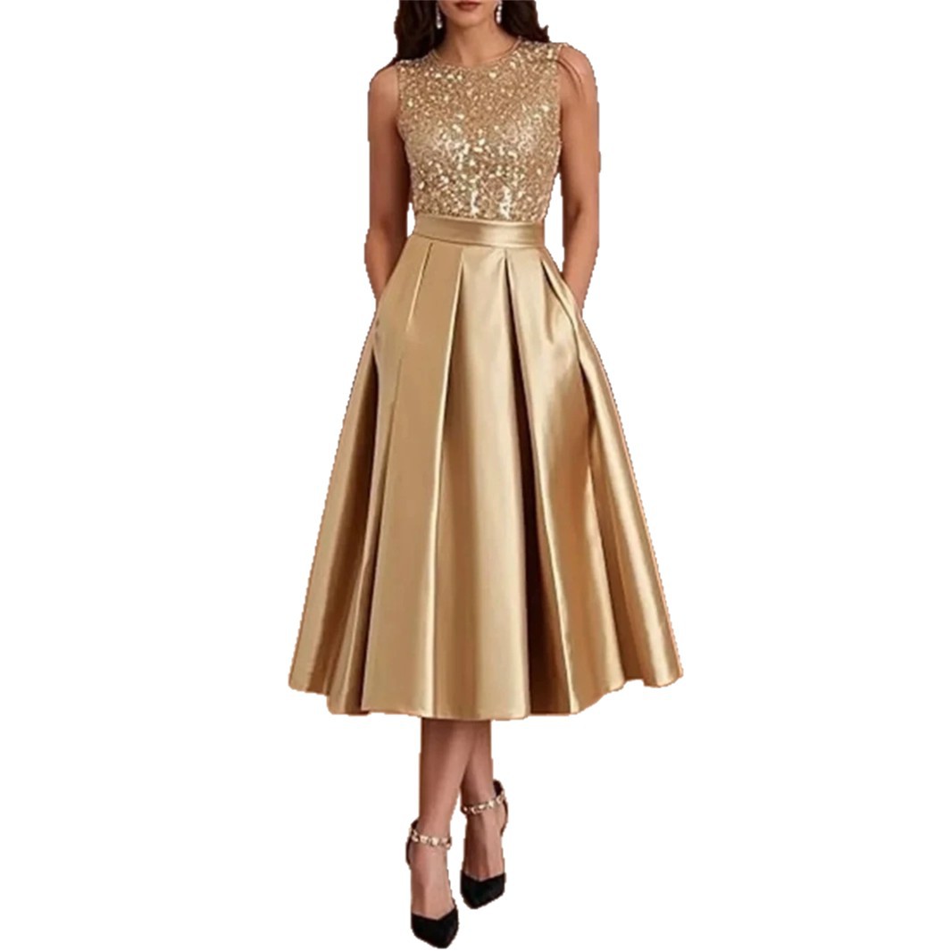 Midi Dress - バーガンディスパンコールサテンミディドレス女性ノースリーブバックレスタイストラップAラインポケットティーレングスフォーマルウェディングカクテルドレス
