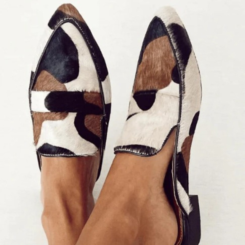 Womens Heels - 英国風2026年春秋新作おしゃれなポインテッドトゥ34-43浅履き牛柄カジュアルレディースシューズ