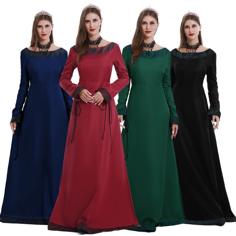 Lace Dress - 女性用、中世風ロングドレス、Vネック、長袖、レーストリム、床まで届く丈、ルネサンス祭りやコスプレに最適な衣装。