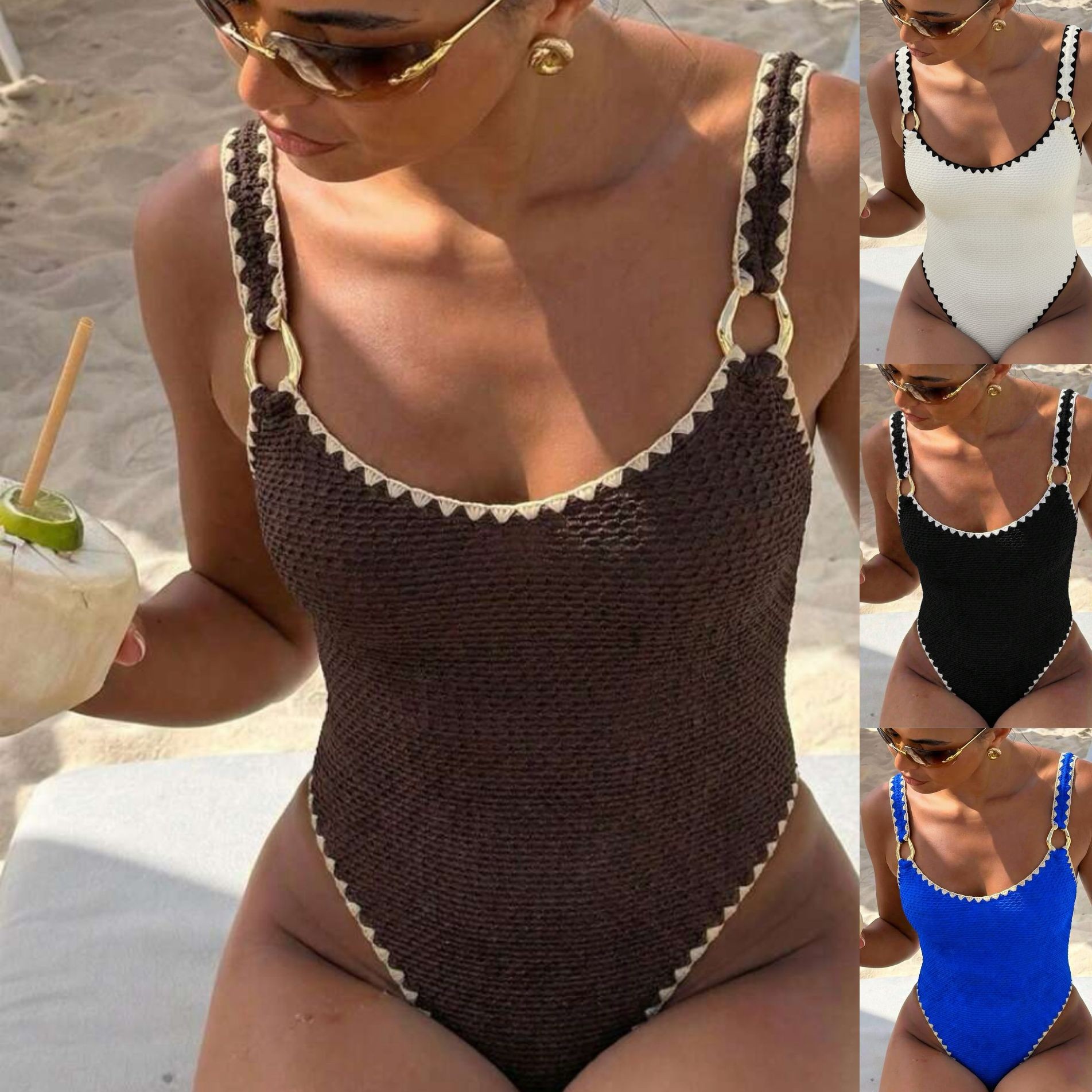 Womens Suit - 女性水着水着ノースリーブソリッドカラーハイウエスト V ネックラインバックカットアウトブラウンブラックホワイト水着