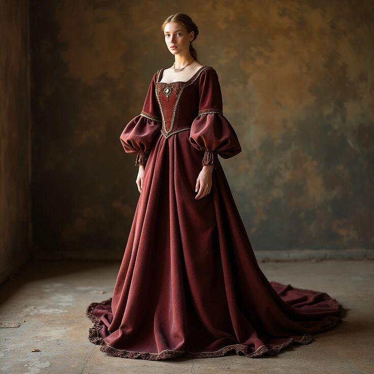 Evening Gown - ヴィンテージビクトリア朝バロック様式のイブニングドレススクープネックライン長袖ルネッサンスウエディングドレス女性チューダー仮装衣装