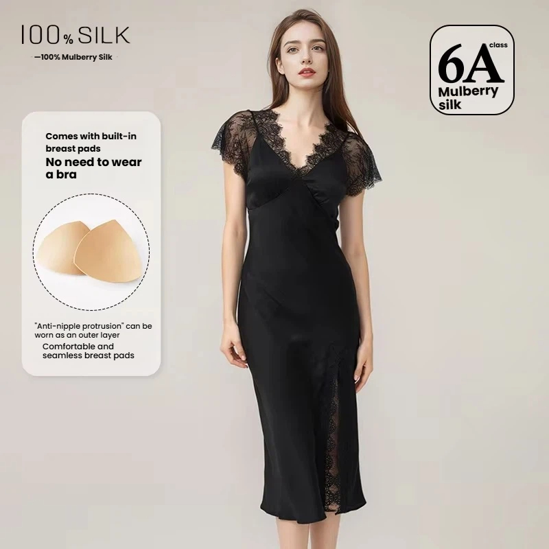Lace Dress - 女性用セクシーレースシルクナイトドレス 19匁マルベリーシルク スリットデザイン 胸パッド付き 寝間着 アウトドアドレス