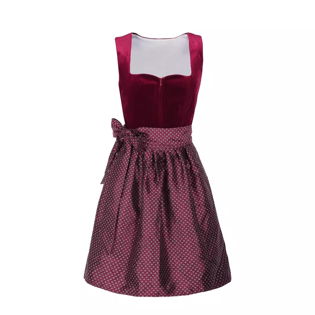 Midi Dress - カーニバル オクトーバーフェスト ビールメイドコスチューム 女性用ディアンドルドレス レースエプロン付き レッドミディ丈