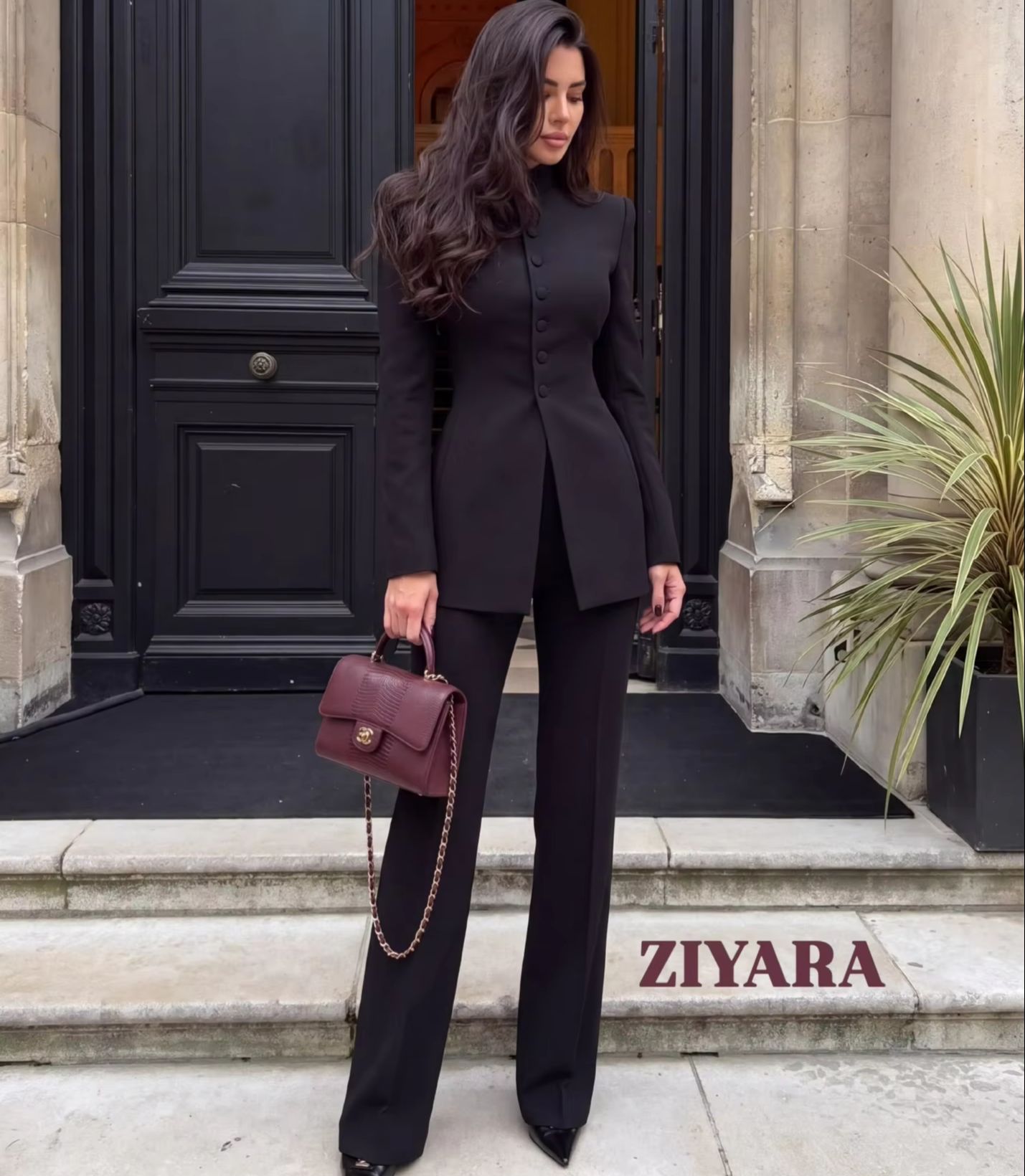 Womens Blazer - レディース 2ピーススーツ、マンダリンカラーのロングブレザーとフレアパンツのセット、スリムなウエストライン、ボタン付き、フォーマル、ビジネス、イブニング、ウェディング、カスタムメイド。