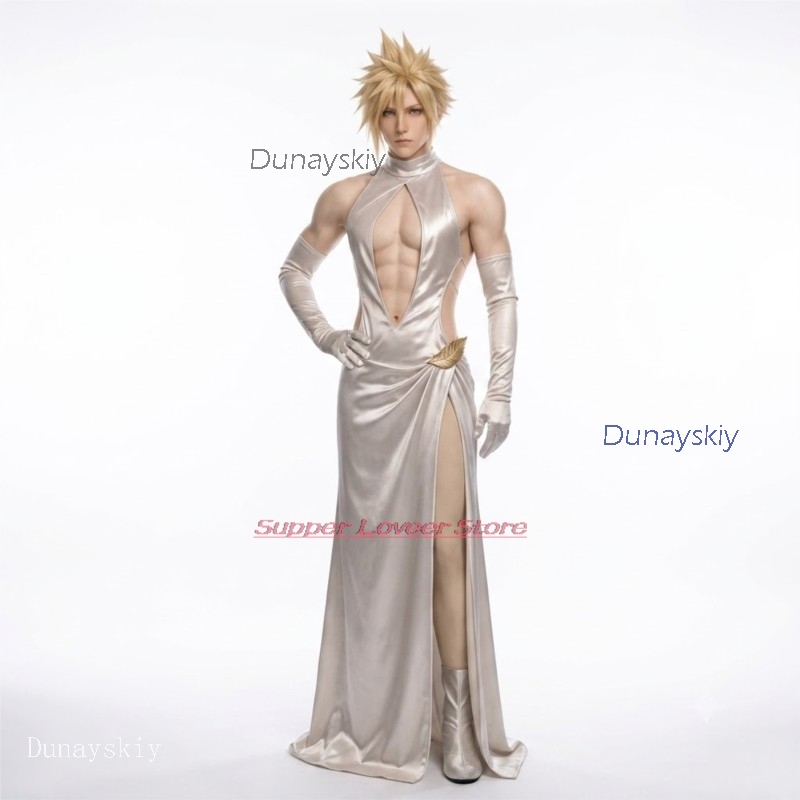 Evening Gown - アニメコスプレハロウィン衣装ゲーム FF7 コスプレクラウド衣装ハイスリットウェディングドレスガウンイブニングドレス手袋