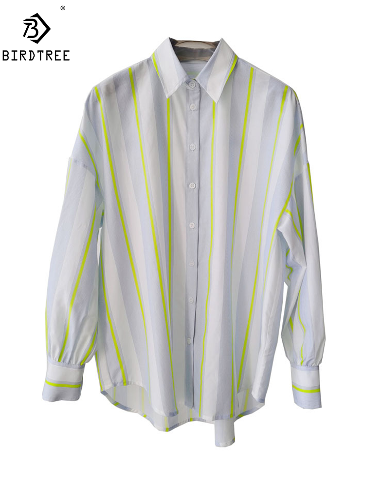 Silk Blouse - BirdTree、16MM 27.7% リアルシルク エレガントシャツ、女性用ストライプ長袖、OLファッションカジュアルブラウス、2026春新作 T44985QM