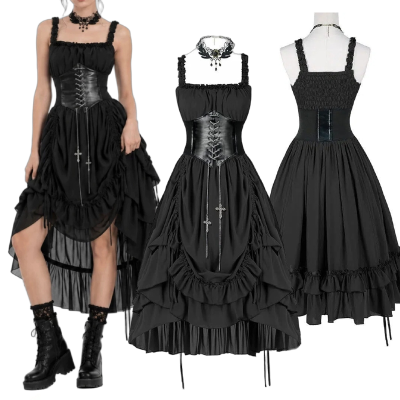 Midi Dress - 女性ゴシックドレスコルセットスリップブラックパンクロリータ不規則なフリルミディドレスヴィンテージパーティーイブニング Vestidos ハロウィンコスチューム