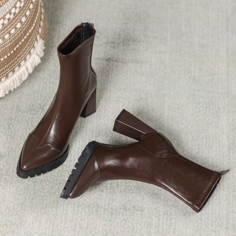 Pump Heel Block - ポインテッドトゥ フレンチ タイトブーツ ストレッチブーツ 秋冬新作 プラットフォーム