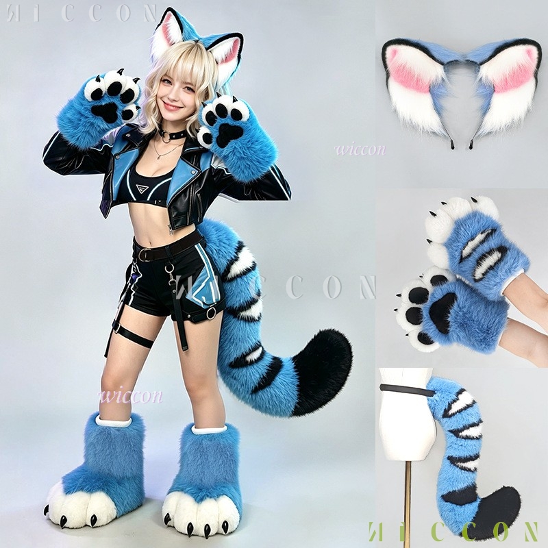 Formal Dress - ダーピーブルーティガーの着ぐるみ耳と尻尾セット、柔らかいフェイクファーのメッセンジャータイガー獣耳、コスプレ、ハロウィン、ファーリーコンベンションパーティー用