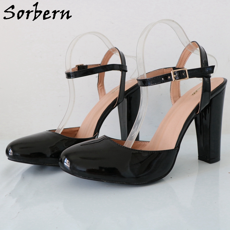 Pump Heel Block - Sorbern-女性用アンクルストラップシューズ,光沢のある黒のハイヒールブロック,丸いつま先,ヴィンテージスタイル,カスタム,ラージサイズ