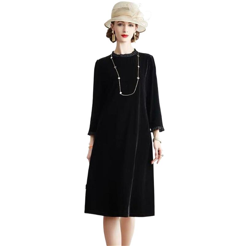 Midi Dress - 2026年春新作 レディース Aライン ベルベットドレス リストスリーブ オフィスレディー