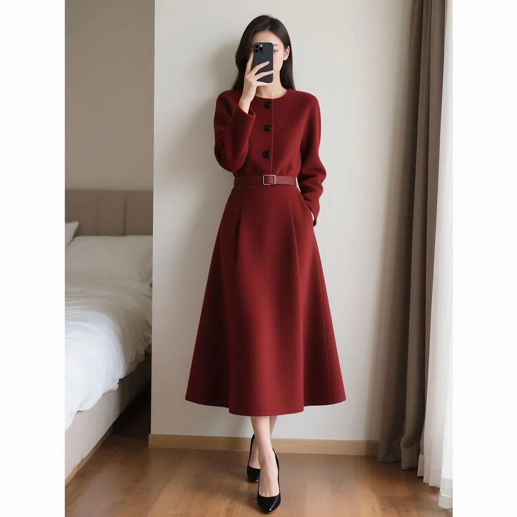Women'S Red Formal Wear - 2026年秋の新作、レディース向け。赤いレトロ調の高級感あふれるウエストバンド付き長袖ドレス。スタイリッシュでスタイルアップ効果も期待できる、赤いスーツドレス。