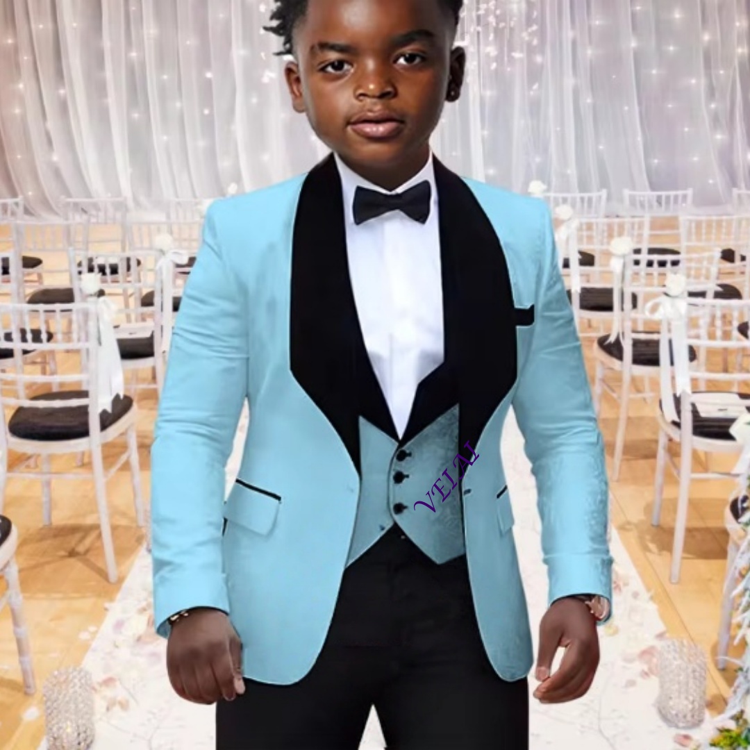 Formal Dress - 3点セットの豪華なジャカード素材の男の子用スーツ。上品なデザインで、結婚式やフォーマルなパーティーに最適。スリムフィットで、お子様にも似合います。