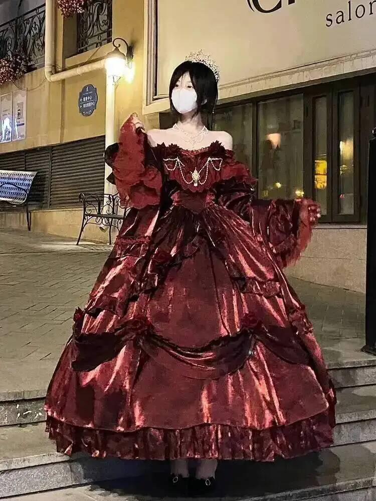 Formal Skirt - 女性のための花柄のエレガントなロリータスカート,プリンセスドレス,赤いプリンセスドレス,長い衣装,産業の精神,情熱
