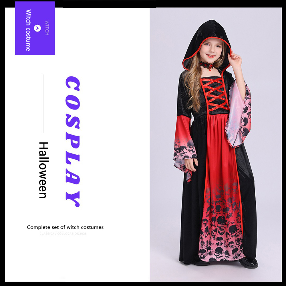 Women'S Red Formal Wear - 赤黒の魔女コスチューム フード付きロングドレス スカルプリント レースアップ ベルスリーブ ハロウィンコスプレ
