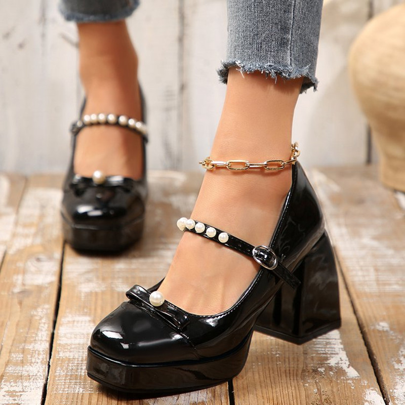 Pump Heel Block - 高級ブランド ブロックヒール メリージェーン シングルシューズ ファッション ラウンドトゥ