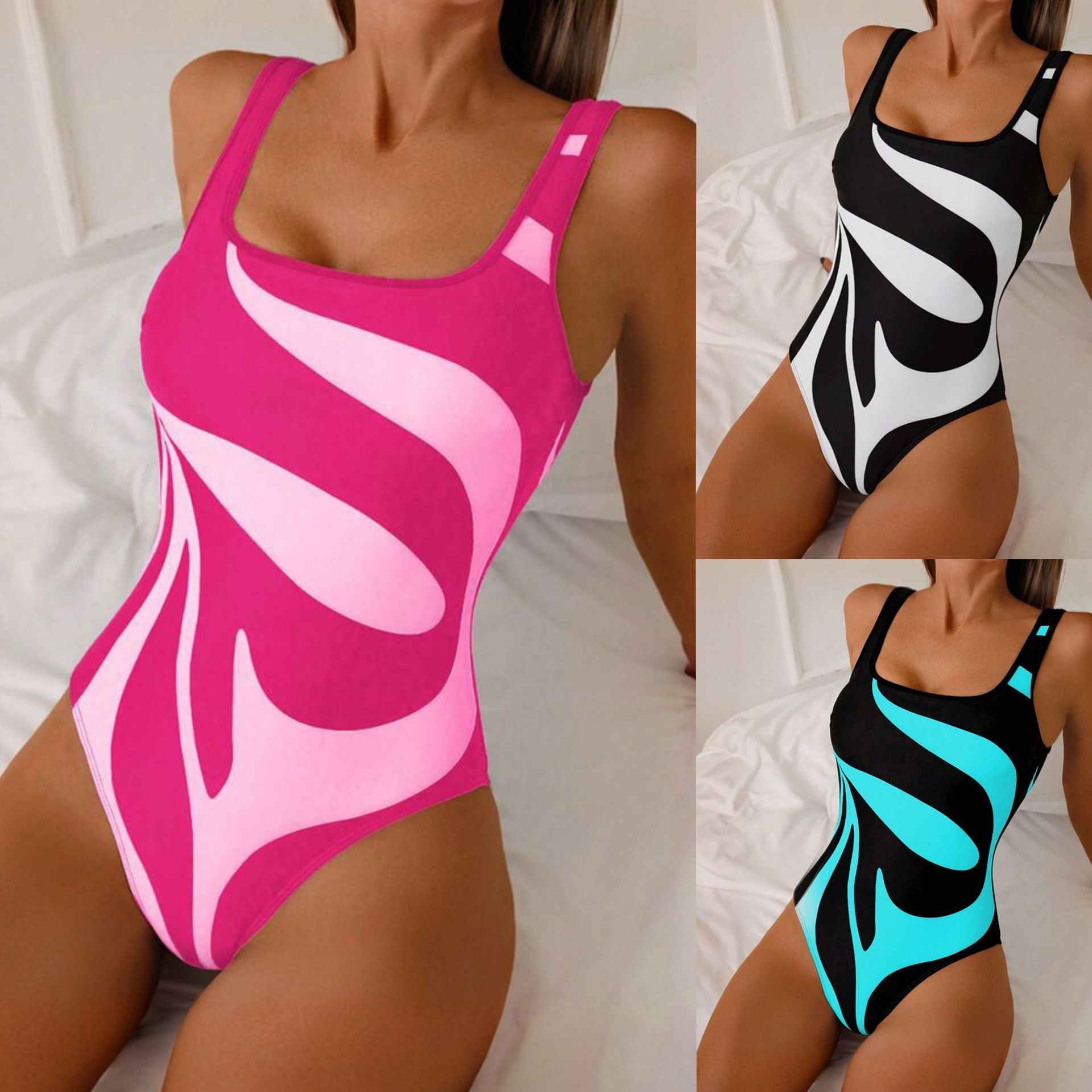 Womens Suit - 女性タンキニ抽象プリントビキニハイカットレッグ水着スクエアネック水着ピンクと白の水着タンキニ Y2k 女性用