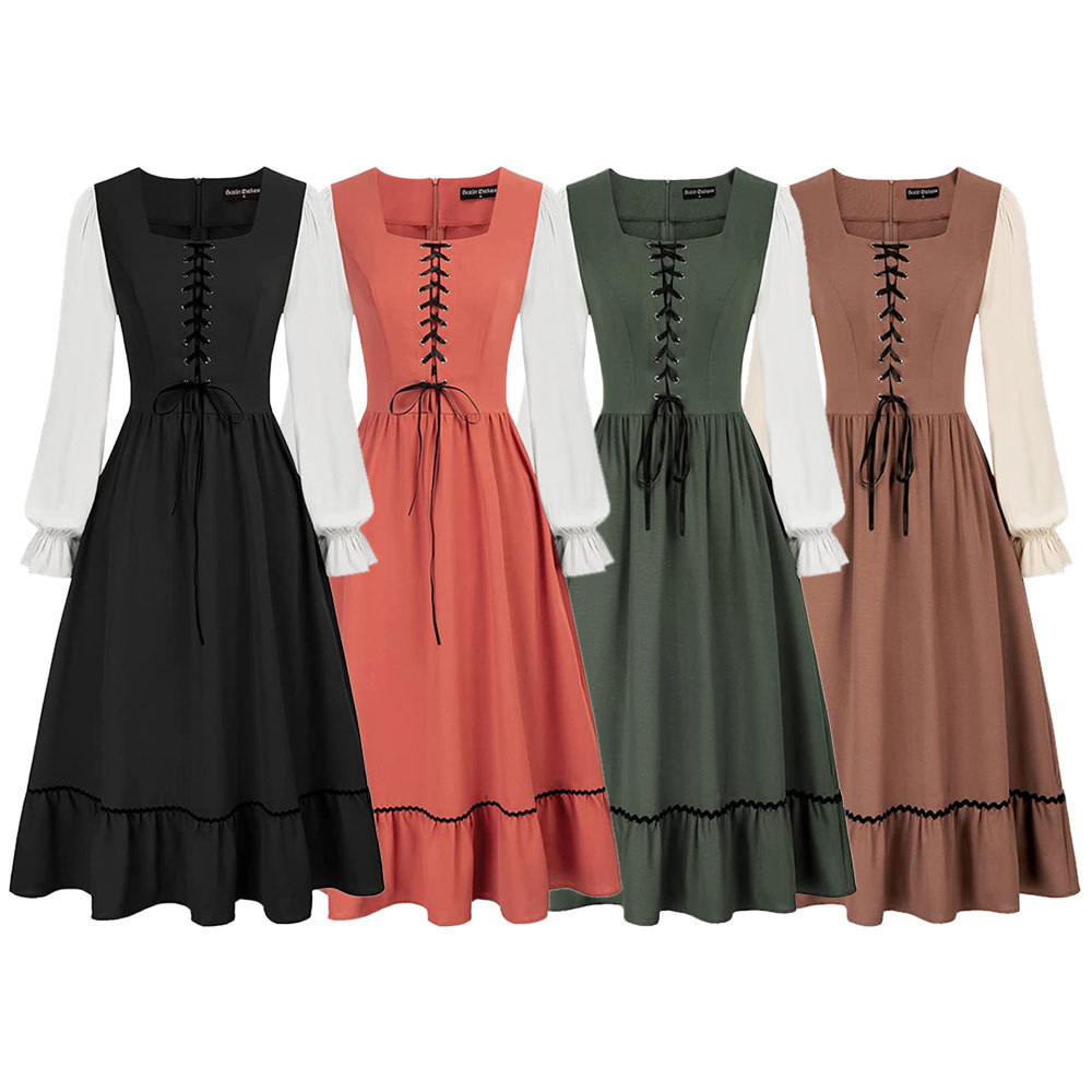 Midi Dress - 女性用ヴィンテージコート中世ミディタイソリッドカラーネックAラインドレスパイオニアコロニアルコスチュームプレーリー南北戦争コスプレ