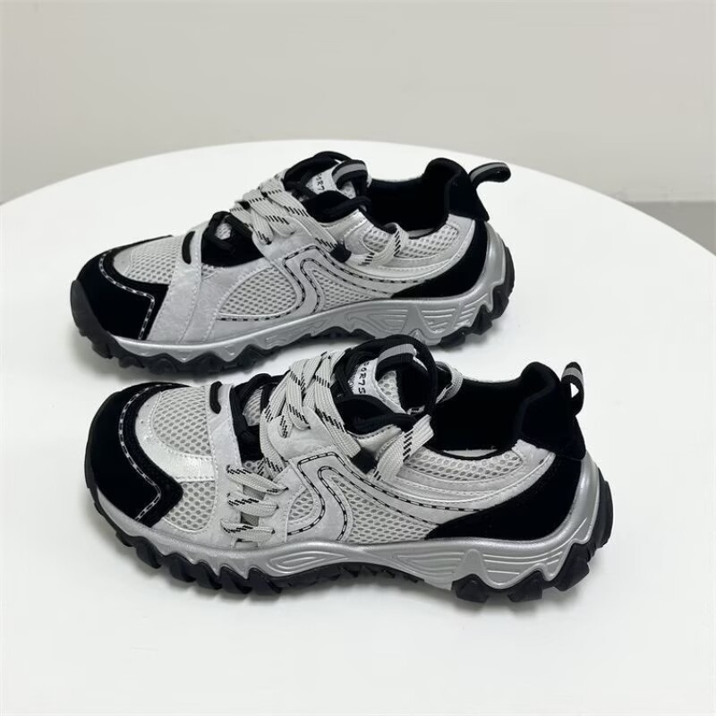 Womens Heels - 2026年レディースレトロハイキングスタイルスニーカー、メッシュ＆スエードパッチワークレースアップシューズ、滑り止め厚底アウトドアカジュアルトレッキングシューズ