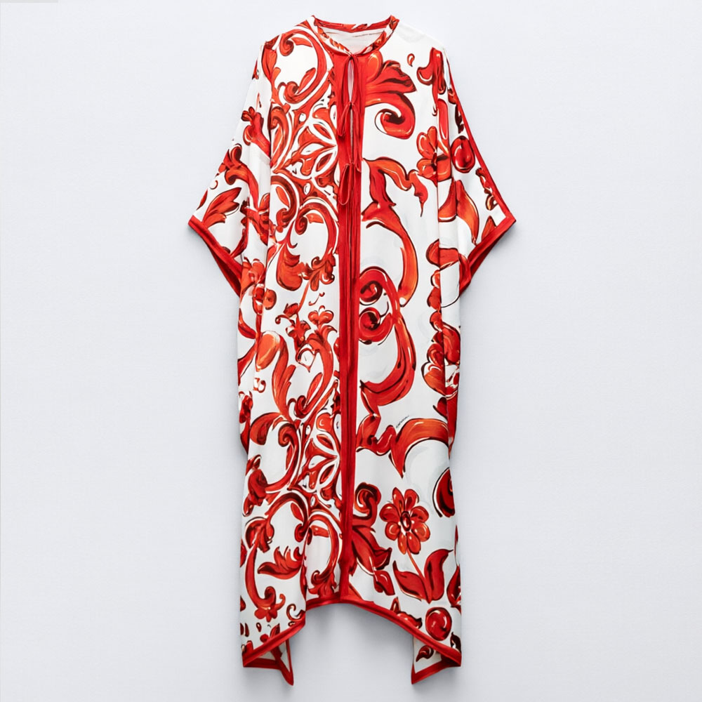 Women'S Red Formal Wear - 2026 夏の新しい女性赤白ヴィンテージプリントルーズロングドレスラウンドネックバットウィングスリーブ不規則なボヘミアンビーチマキシローブ Vestidos