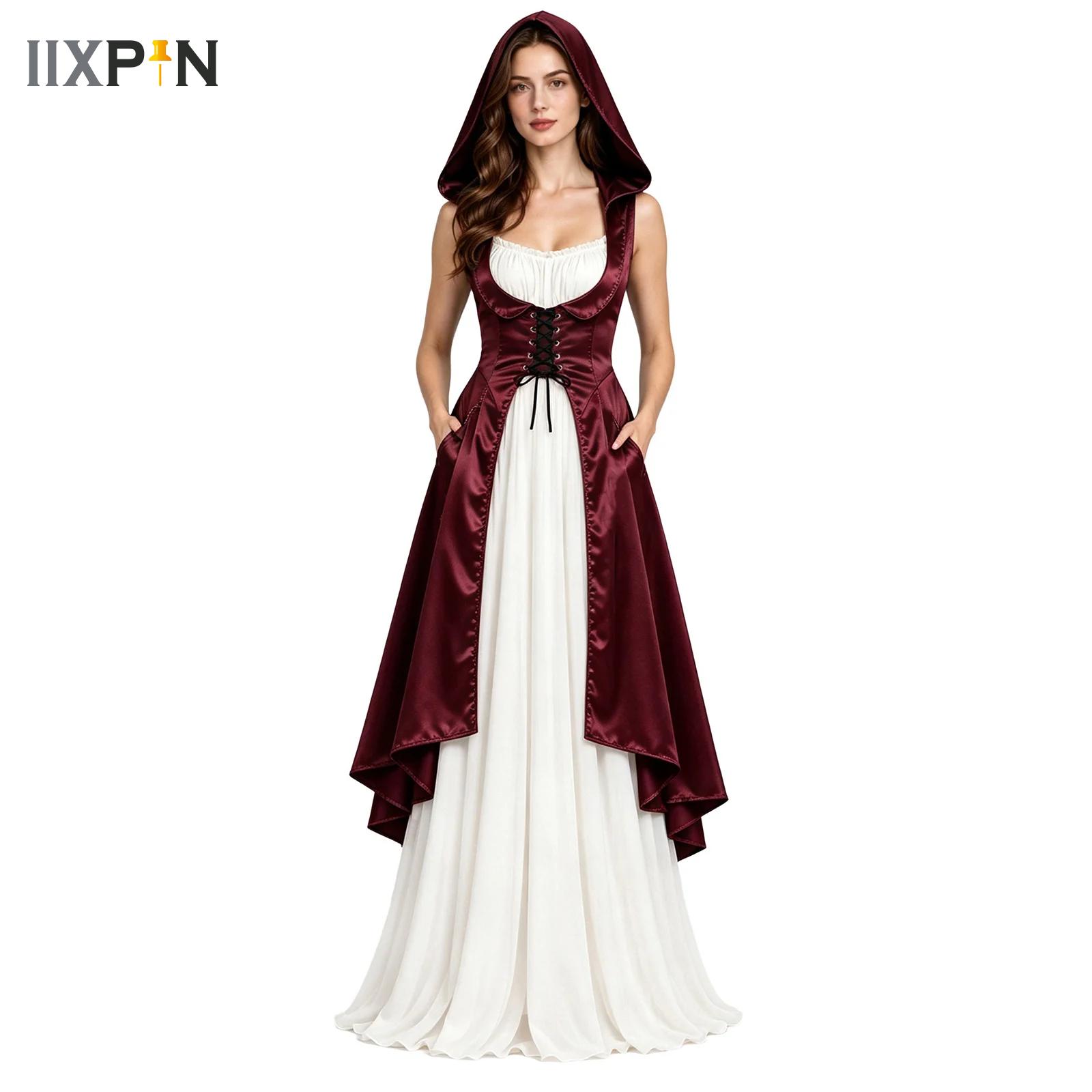 Lace Dress - レディース・ルネサンス衣装、ハロウィーン衣装、中世風ヴィンテージ・フード付き衣装、レースアップ・ハイローデザイン・サテン製プルオーバーワンピース。