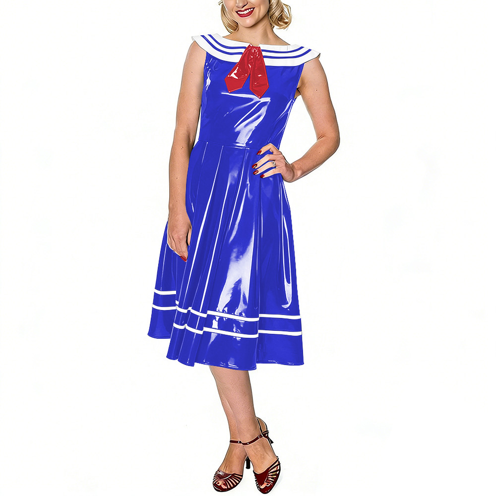 Midi Dress - ヴィンテージセーラードレス 女性用 光沢のあるレザーPVC素材 ノースリーブミディ丈スイングドレス ホワイトストライプカラー付き テーマパーティーイベント用