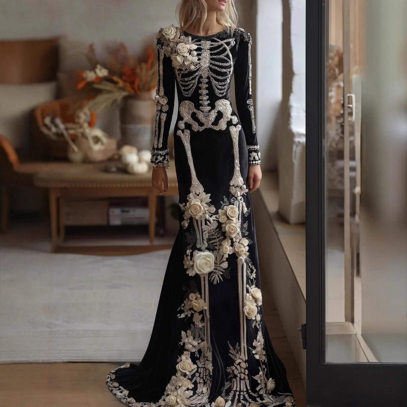 Evening Gown - 2026年新作、女性用、スケルトン柄と花柄の組み合わせ、人魚をモチーフにしたロング丈のドレス。エレガントで、セレブリティにも似合う、長袖、ゴシック調、ハロウィーンやイブニングパーティーに最適なガウン。