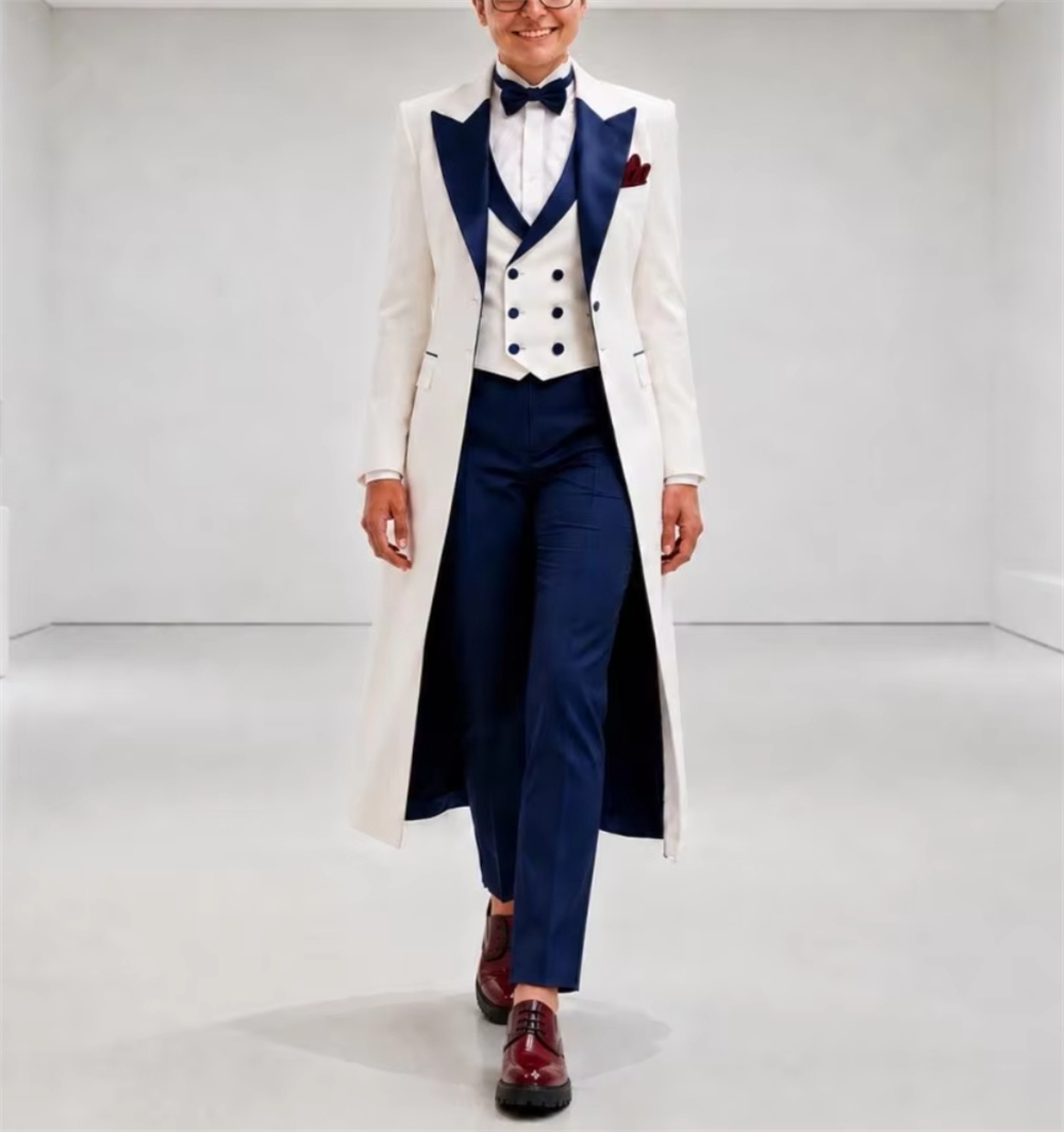 Womens Blazer - ネイビーブルーとホワイトのレディースジャケットスーツ エレガントなテーラードオフィスウェア 結婚式ゲスト用衣装 レディースブレザー（ジャケットのみ）