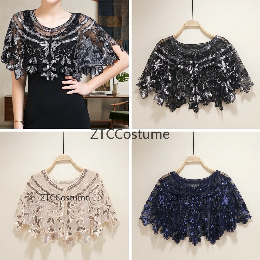 Evening Gown - ヴィンテージ 1920 年代のフラッパードレス、スパンコール付きショールメッシュカーディガン付き、セクシーなパーティーイブニングドレス、プロムコスチューム