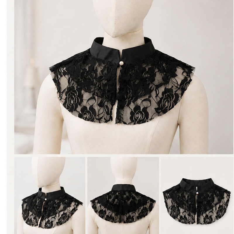 Lace Dress - エレガントなレースの花柄付け襟ショール、女性用スタンドカラー、取り外し可能なシャツ襟、セーター、ドレスのネックデコレーションアクセサリー