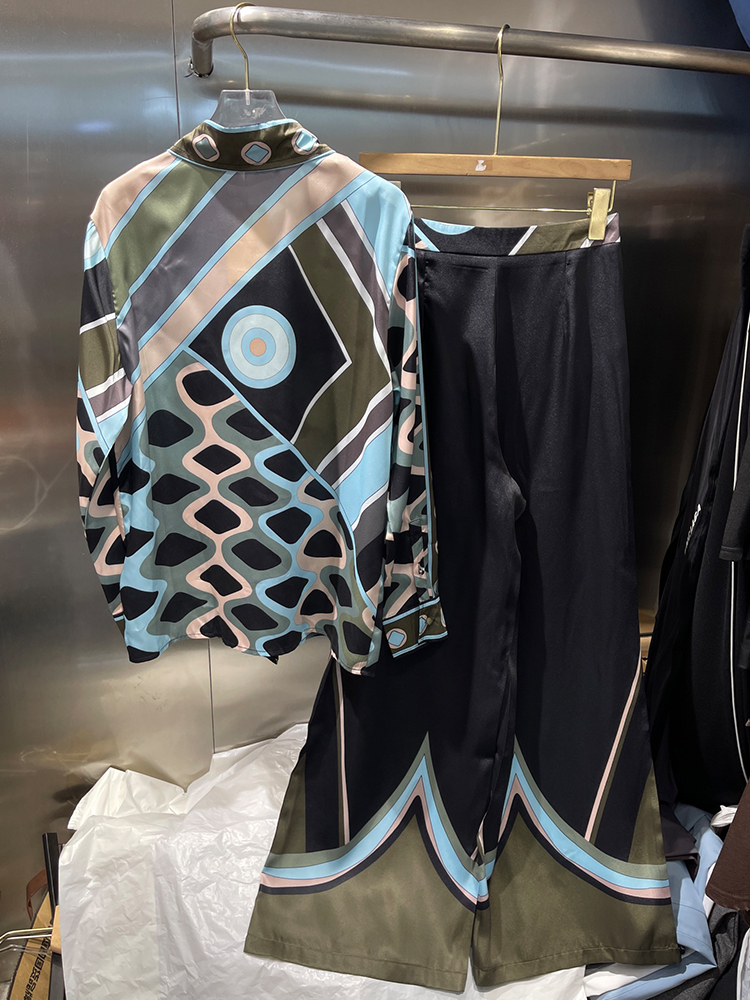 レトロ幾何学模様プリントシルクシャツツーピースセット2026 - Silk Blouse のレビューと価格