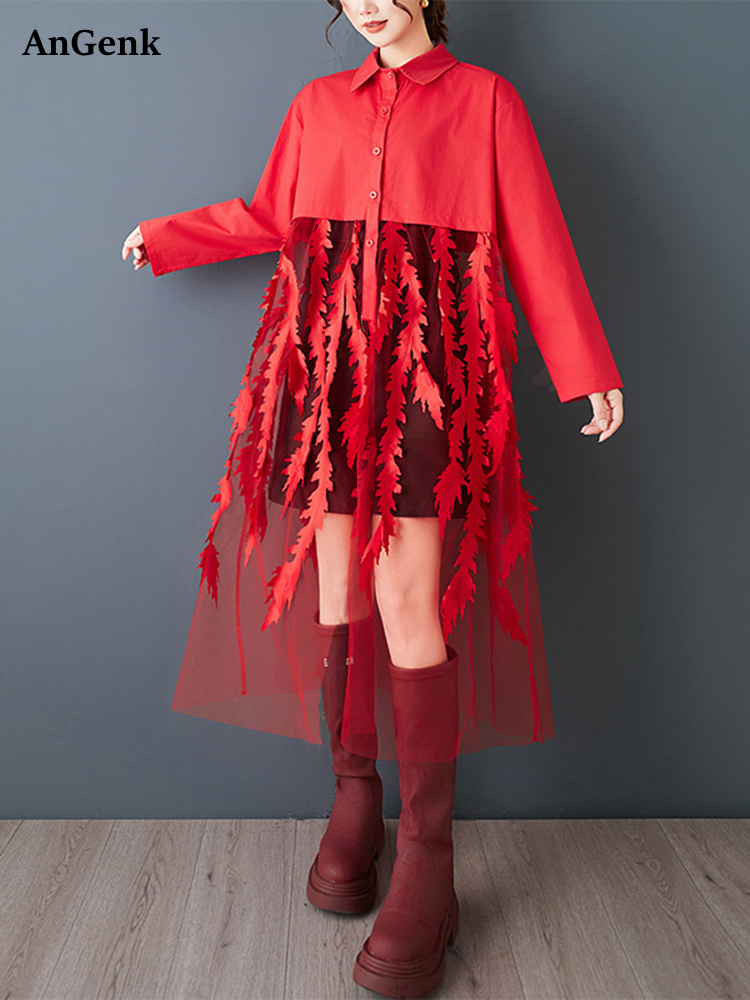 メッシュパッチワークレッドヴィンテージシャツワンピース レデ - Women'S Red Formal Wear のレビューと価格