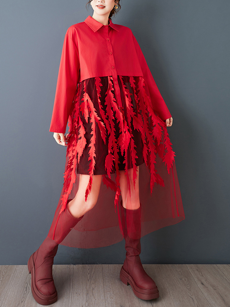メッシュパッチワークレッドヴィンテージシャツワンピース レデ - Women'S Red Formal Wear のレビューと価格