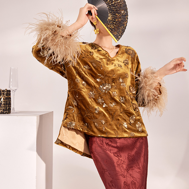 2025年冬 フェザーカフブラウスセット、チャイナスリーブ刺 - Silk Blouse のレビューと価格