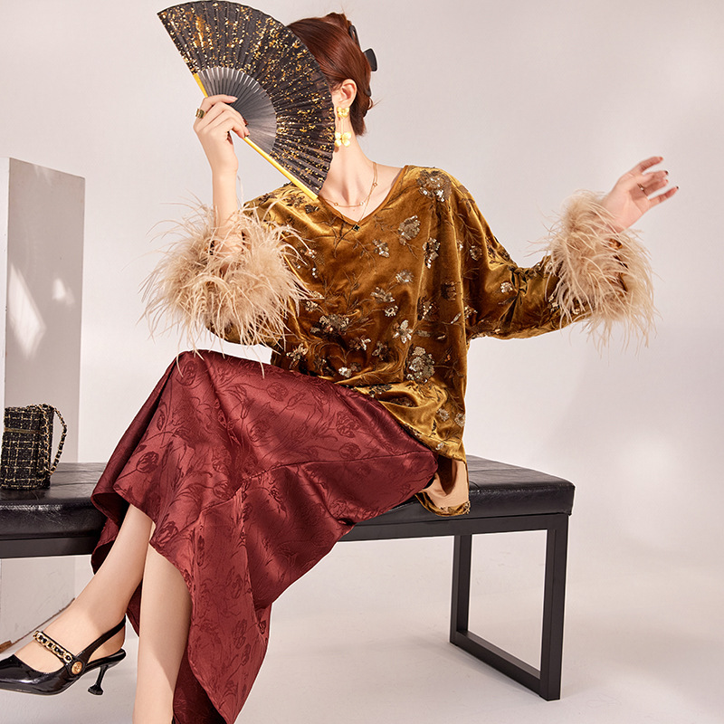 2025年冬 フェザーカフブラウスセット、チャイナスリーブ刺 - Silk Blouse のレビューと価格