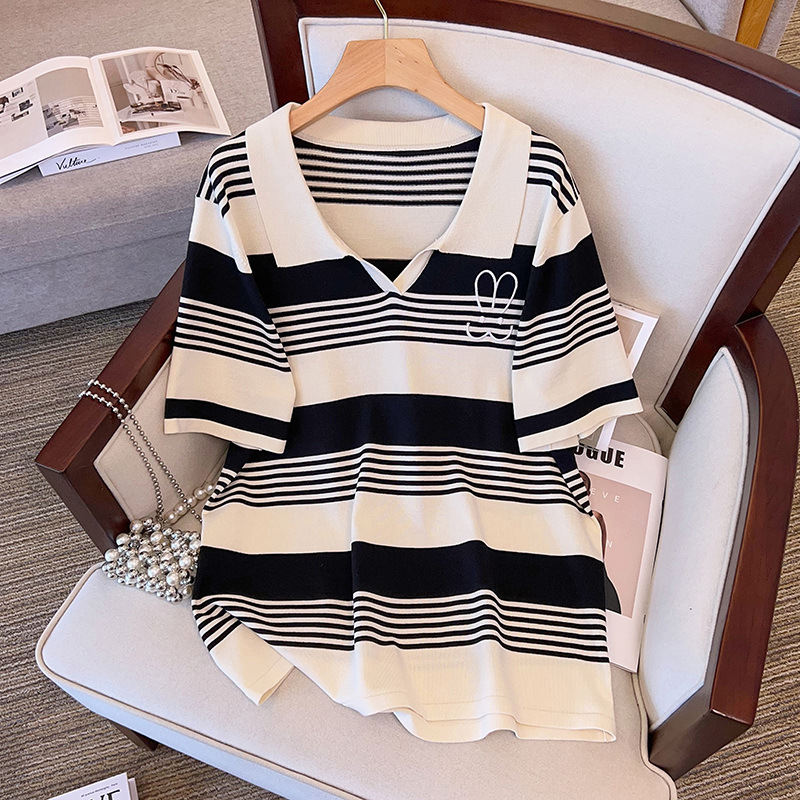 女性用ルーズアイスシルクニットストライプトップ、半袖ラペルT - Silk Blouse のレビューと価格