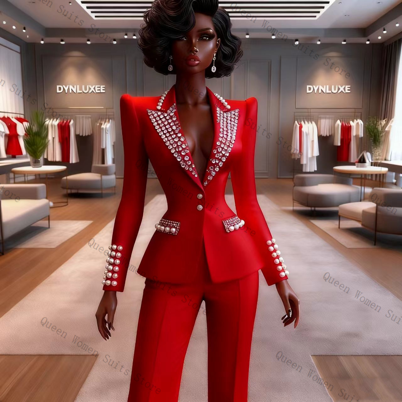 真珠レッド女性スーツパンツセット 2 個ブレザー + ズボン - Women'S Red Formal Wear のレビューと価格