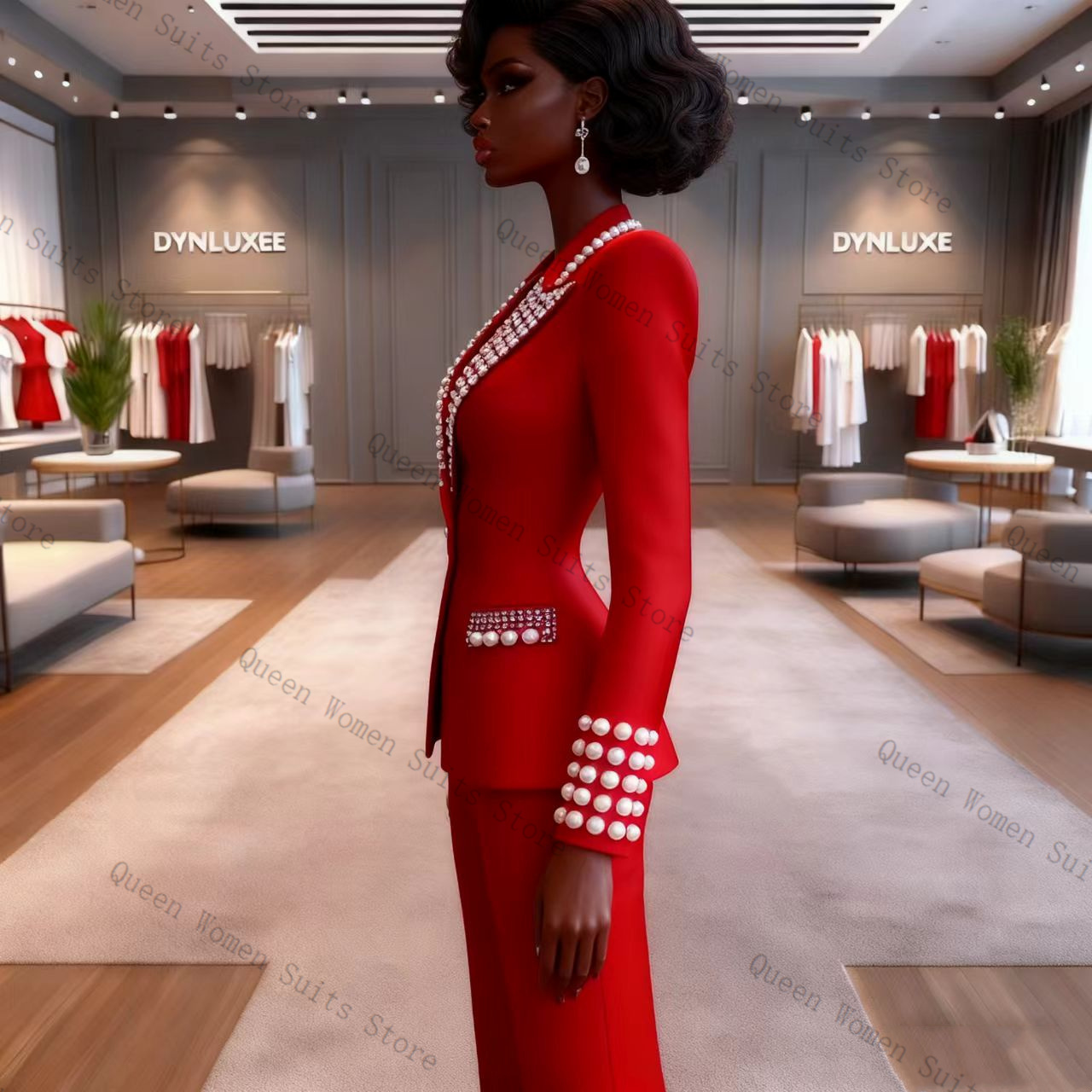 真珠レッド女性スーツパンツセット 2 個ブレザー + ズボン - Women'S Red Formal Wear のレビューと価格