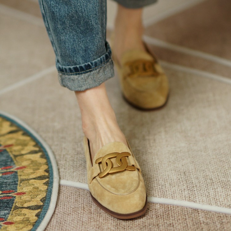 女性用スエードレザーモカシン,ラウンドトゥのローヒールシュー - Womens Heels のレビューと価格