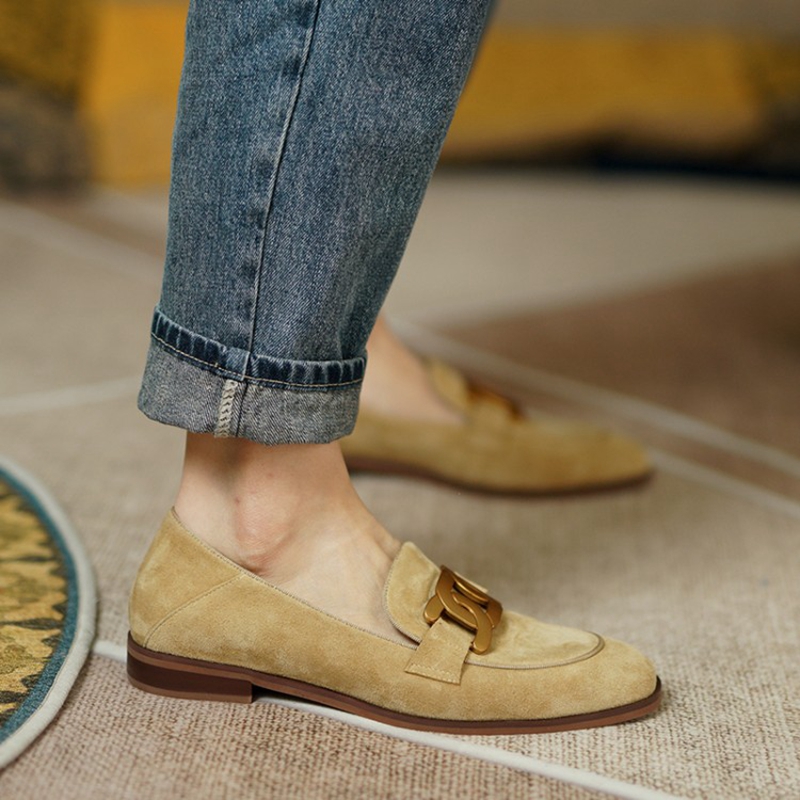 女性用スエードレザーモカシン,ラウンドトゥのローヒールシュー - Womens Heels のレビューと価格