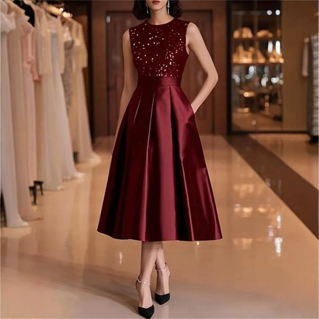 バーガンディスパンコールサテンミディドレス女性ノースリーブバ - Midi Dress のレビューと価格