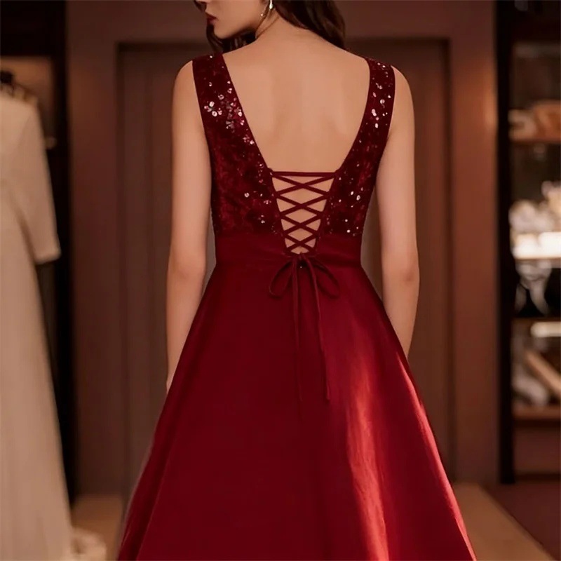 バーガンディスパンコールサテンミディドレス女性ノースリーブバ - Midi Dress のレビューと価格