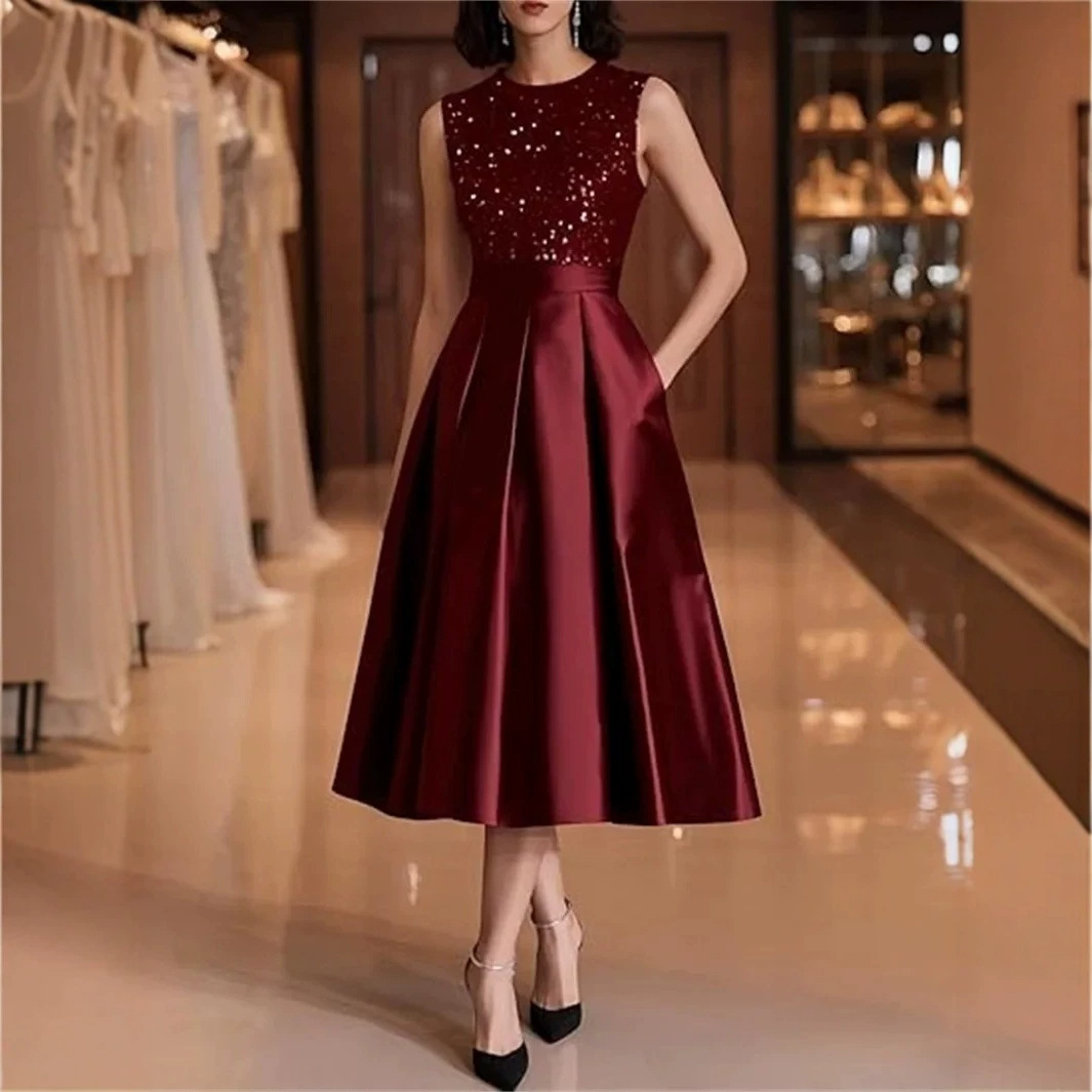 バーガンディスパンコールサテンミディドレス女性ノースリーブバ - Midi Dress のレビューと価格